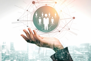 Human Resources Recruitment and People Networking Concept. Modern graphic interface showing professional employee hiring and headhunter seeking interview candidate for future manpower.