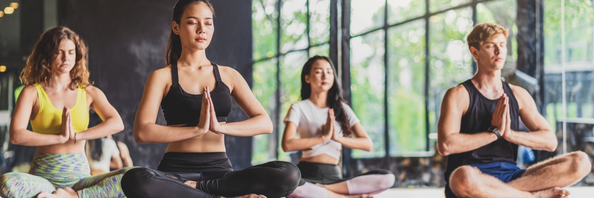 Banner, web page or cover template of Group of diversity practicing yoga class, healthy or Meditation Exercise,stretching in upward facing dog exercise, sports and healthcare concept
